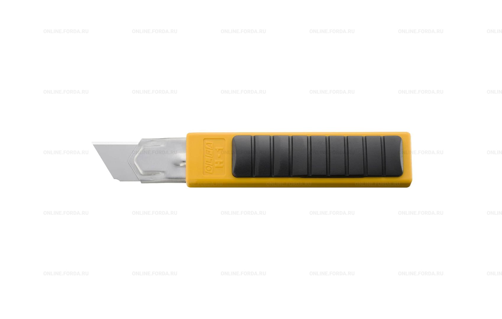 Нож OLFA с выдвижным лезвием и желтым корпусом, вид сзади