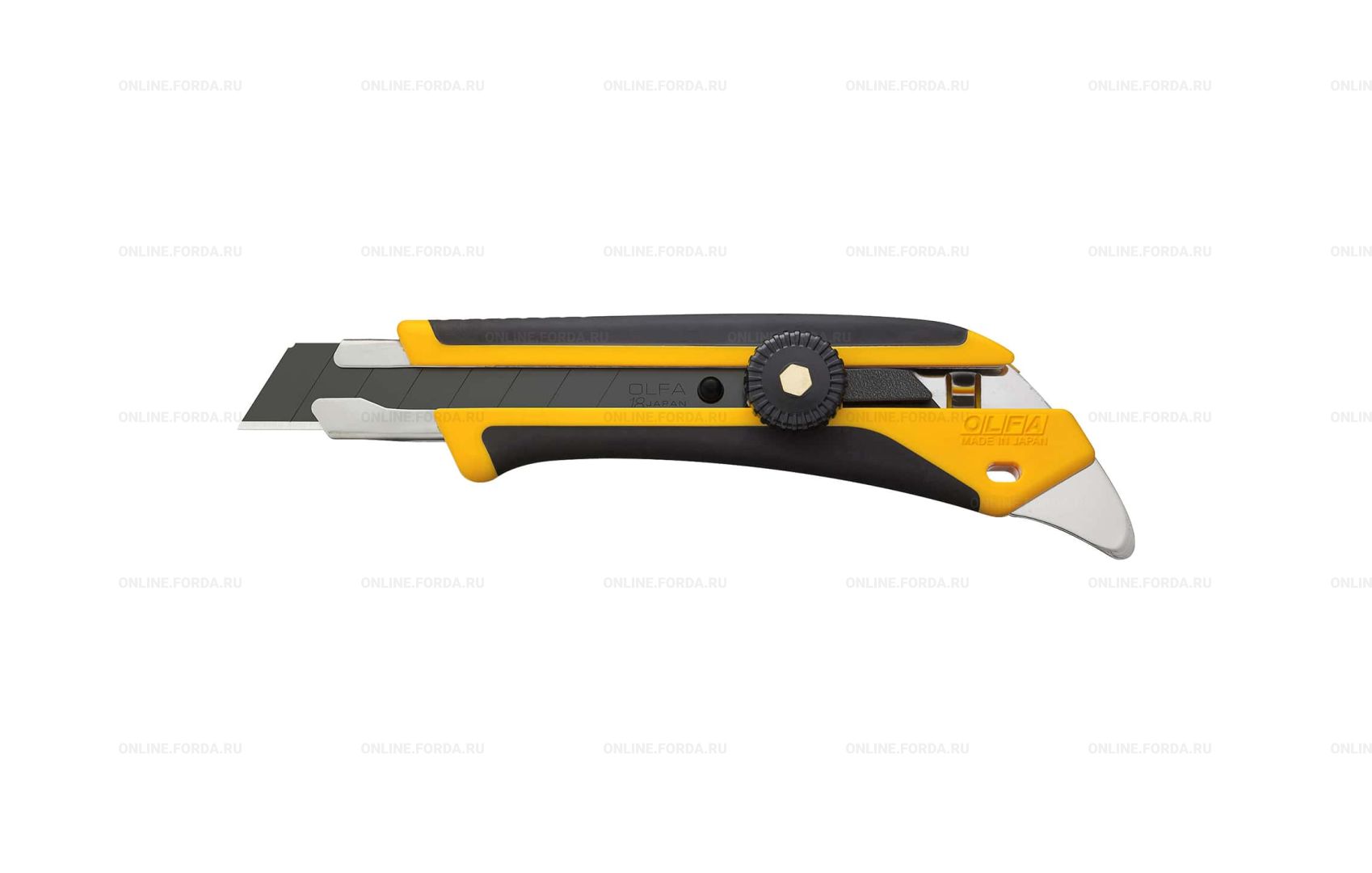 Нож OLFA желто-черного цвета с выдвижным лезвием, вид спереди